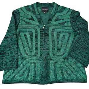 MING WANG SAPPHIRE XS Emerald Green Metallic Geometric‎ Knit Zip Jacket Blazer